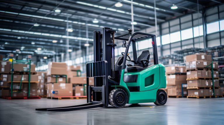 modern green forklift in warehouse with storage in background