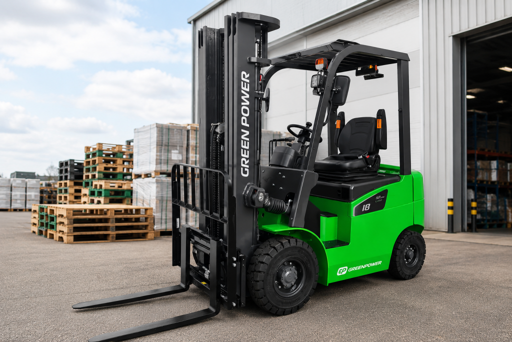 Electric Counterbalance Forklift parked outside warehouse